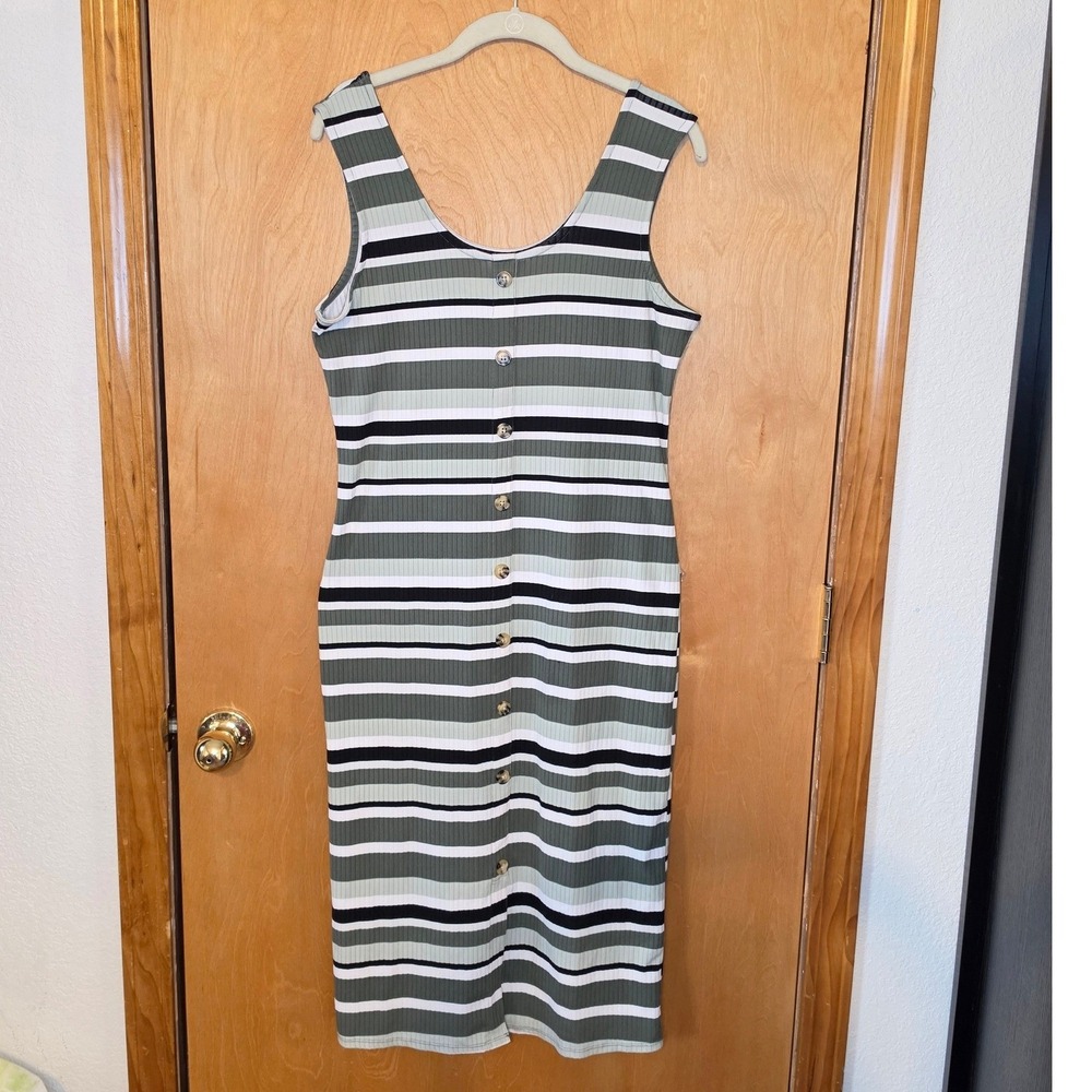 Ribbed Striped Midi BodyConDress Green Black White XL 15-17 Sleeveless Buttons